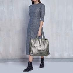 Pre Owned Yves Saint Laurent Metallic Silver Leather Large Y Mail Tote