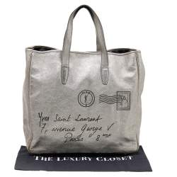 Pre Owned Yves Saint Laurent Metallic Silver Leather Large Y Mail Tote