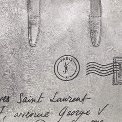 Pre Owned Yves Saint Laurent Metallic Silver Leather Large Y Mail Tote