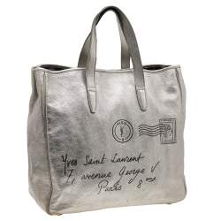 Pre Owned Yves Saint Laurent Metallic Silver Leather Large Y Mail Tote