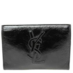 Pre Owned Yves Saint Laurent Black Patent Leather Flap Compact Wallet