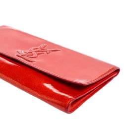 Pre Owned Yves Saint Laurent Orange Textured Patent Leather Belle De Jour Flap Clutch