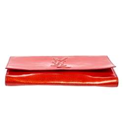 Pre Owned Yves Saint Laurent Orange Textured Patent Leather Belle De Jour Flap Clutch