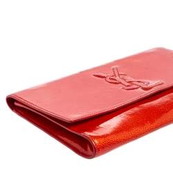 Pre Owned Yves Saint Laurent Orange Textured Patent Leather Belle De Jour Flap Clutch