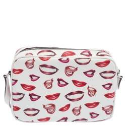 Pre Owned حقيبة كاميرا  إيف سان لوران جلد بطبعة شفاه دي بودري متوسطة أبيض / أحمر محبب متوسطة