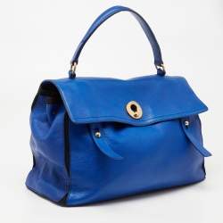 Yves Saint Laurent Blue/Black Leather and Canvas Large Muse Two Top Handle Bag