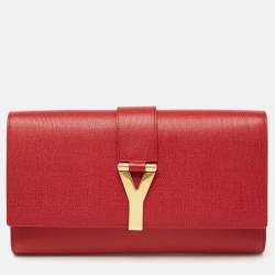 Pre Owned Yves Saint Laurent Red Textured Leather Y-Ligne Clutch