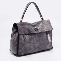 Yves Saint Laurent Grye/Black Glossy Leather and Suede Medium Muse Two Top Handle Bag