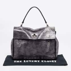 Yves Saint Laurent Grye/Black Glossy Leather and Suede Medium Muse Two Top Handle Bag