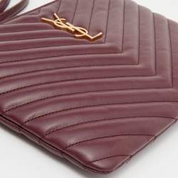 Pre Owned Yves Saint Laurent Burgundy Quilted Leather Monogram Wristlet Pouch