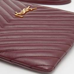 Pre Owned Yves Saint Laurent Burgundy Quilted Leather Monogram Wristlet Pouch