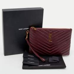 Pre Owned Yves Saint Laurent Burgundy Quilted Leather Monogram Wristlet Pouch