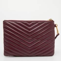 Pre Owned Yves Saint Laurent Burgundy Quilted Leather Monogram Wristlet Pouch