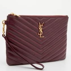 Pre Owned Yves Saint Laurent Burgundy Quilted Leather Monogram Wristlet Pouch