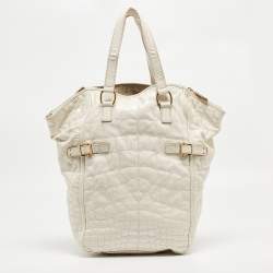 Yves Saint Laurent Off White Croc Embossed Patent Leather Large Downtown Tote