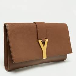 Pre Owned حقيبة كلتش سان لوران شيك جلد بني كبيرة