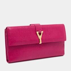 Pre Owned Yves Saint Laurent Fuchsia Leather Y Line Flap Continental Wallet