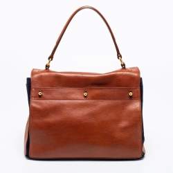 Yves Saint Laurent Brown/Navy Blue Leather and Suede Medium Muse Two Top Handle Bag