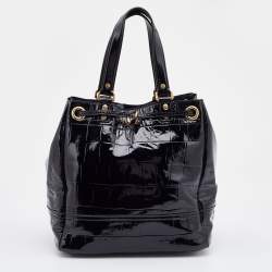 Pre Owned Yves Saint Laurent Croc Effec Patent Leather Drawstring Hobo