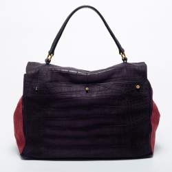 Yves Saint Laurent Multicolor Croc Embossed Leather and Suede Large Muse Two Top Handle Bag
