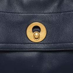 Yves Saint Laurent Navy Blue/Green Leather and Canvas Muse Two Top Handle Bag