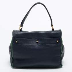 Yves Saint Laurent Navy Blue/Green Leather and Canvas Muse Two Top Handle Bag