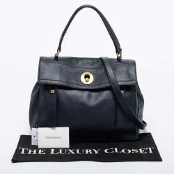 Yves Saint Laurent Navy Blue/Green Leather and Canvas Muse Two Top Handle Bag