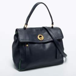 Yves Saint Laurent Navy Blue/Green Leather and Canvas Muse Two Top Handle Bag