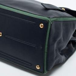 Yves Saint Laurent Navy Blue/Green Leather and Canvas Muse Two Top Handle Bag
