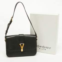 Pre Owned حقيبة كتف سان لوران شيك كبيرة جلد لامعة منقوشة بنية داكنة