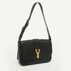 Pre Owned حقيبة كتف سان لوران شيك كبيرة جلد لامعة منقوشة بنية داكنة