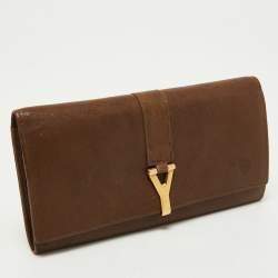 Pre Owned Yves Saint Laurent Brown Leather Y Line Flap Continental Wallet