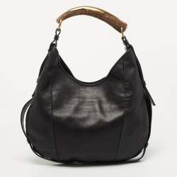 Pre Owned Yves Saint Laurent Black Leather Mombasa Crest Hobo