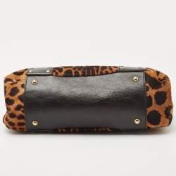 Pre Owned Yves Saint Laurent Brown Leopard Print Calfhair and Leather Studded Flap Satchel