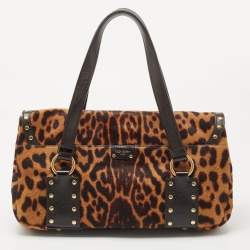 Pre Owned Yves Saint Laurent Brown Leopard Print Calfhair and Leather Studded Flap Satchel
