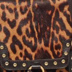 Pre Owned Yves Saint Laurent Brown Leopard Print Calfhair and Leather Studded Flap Satchel