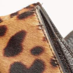 Pre Owned Yves Saint Laurent Brown Leopard Print Calfhair and Leather Studded Flap Satchel