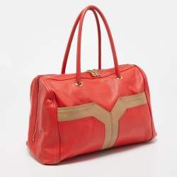 Pre Owned Yves Saint Laurent Red/Beige Leather Lucky Chyc Bowler Bag