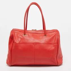 Pre Owned Yves Saint Laurent Red/Beige Leather Lucky Chyc Bowler Bag