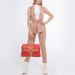 Pre Owned Yves Saint Laurent Red/Beige Leather Lucky Chyc Bowler Bag