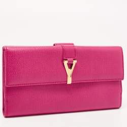 Pre Owned Yves Saint Laurent Pink Leather Ligne Y Charm Flap Wallet 