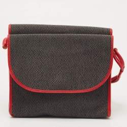 Yves Saint Laurent Red/Grey Woven Coated Canvas and Leather Double Flap Crossbody Bag