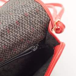 Yves Saint Laurent Red/Grey Woven Coated Canvas and Leather Double Flap Crossbody Bag