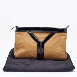 Pre Owned Yves Saint Laurent Beige/Black Patent Leather and Leather Cocktail Oversized Clutch