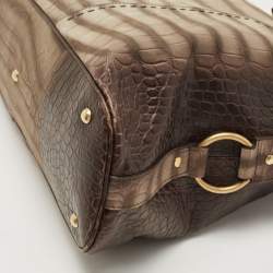 Pre Owned Yves Saint Laurent Khaki Green Croc Embossed Leather Oversized Muse Bag