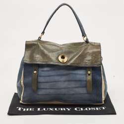 Pre Owned Yves Saint Laurent Navy Blue/Green Croc Embossed Suede and Leather Muse Two Top Handle Bag