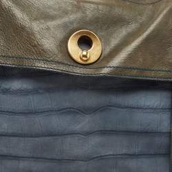 Pre Owned Yves Saint Laurent Navy Blue/Green Croc Embossed Suede and Leather Muse Two Top Handle Bag