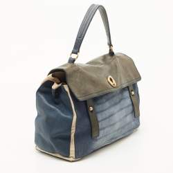 Pre Owned Yves Saint Laurent Navy Blue/Green Croc Embossed Suede and Leather Muse Two Top Handle Bag