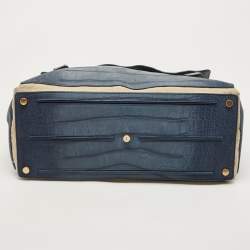 Pre Owned Yves Saint Laurent Navy Blue/Green Croc Embossed Suede and Leather Muse Two Top Handle Bag
