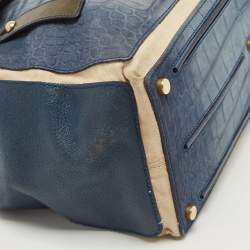 Pre Owned Yves Saint Laurent Navy Blue/Green Croc Embossed Suede and Leather Muse Two Top Handle Bag